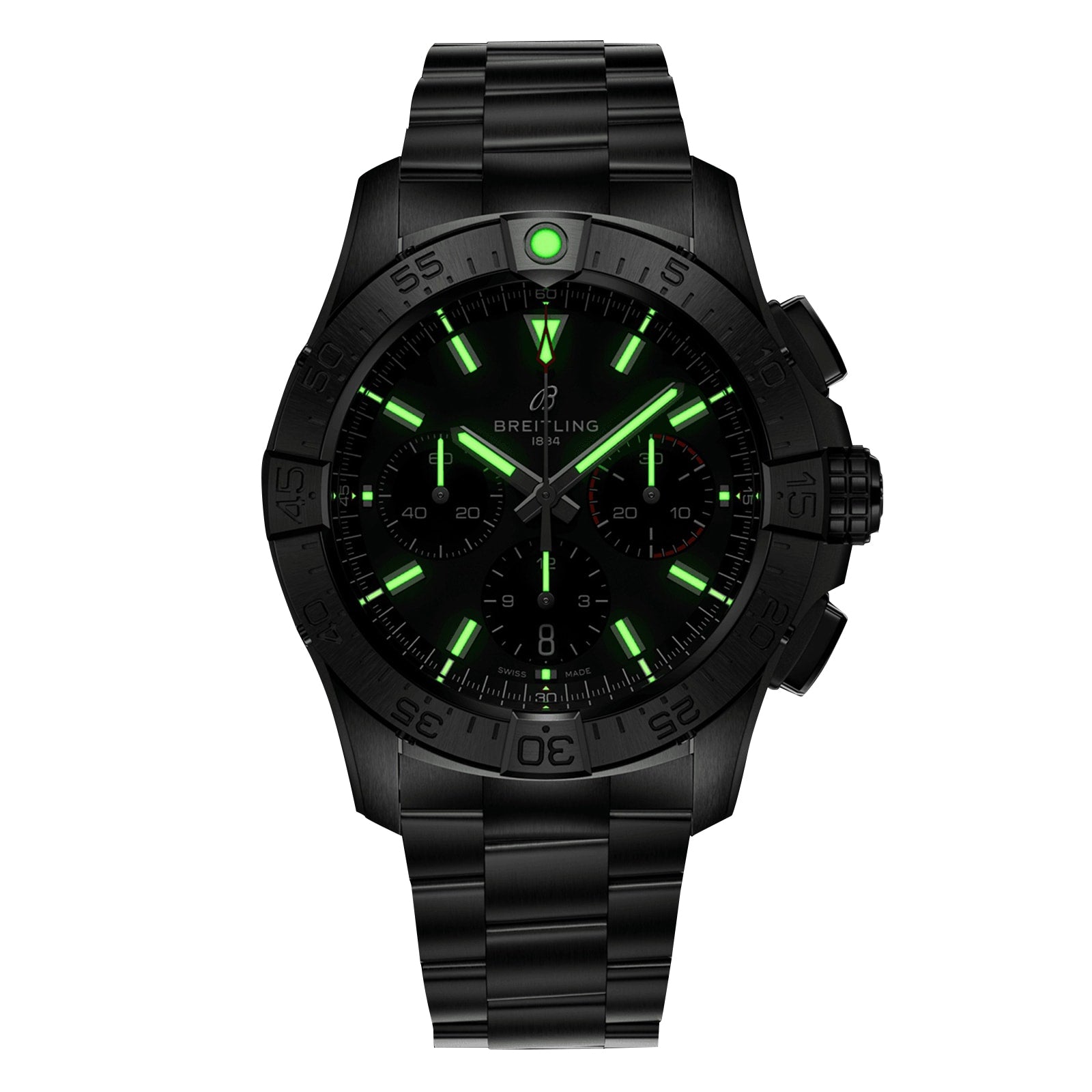 The Breitling Avenger B01 Chronograph 42 is a black wristwatch with a metal band, luminous green hour markers and hands, a glowing 12 o’clock dot, and corrosion-resistant durability.