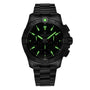The Breitling Avenger B01 Chronograph 42 is a black wristwatch with a metal band, luminous green hour markers and hands, a glowing 12 o’clock dot, and corrosion-resistant durability.