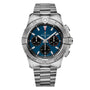 The Breitling Avenger B01 Chronograph 42 features a stainless steel case, blue dial with three black subdials, and a silver metal bracelet, embodying bold aviation style.