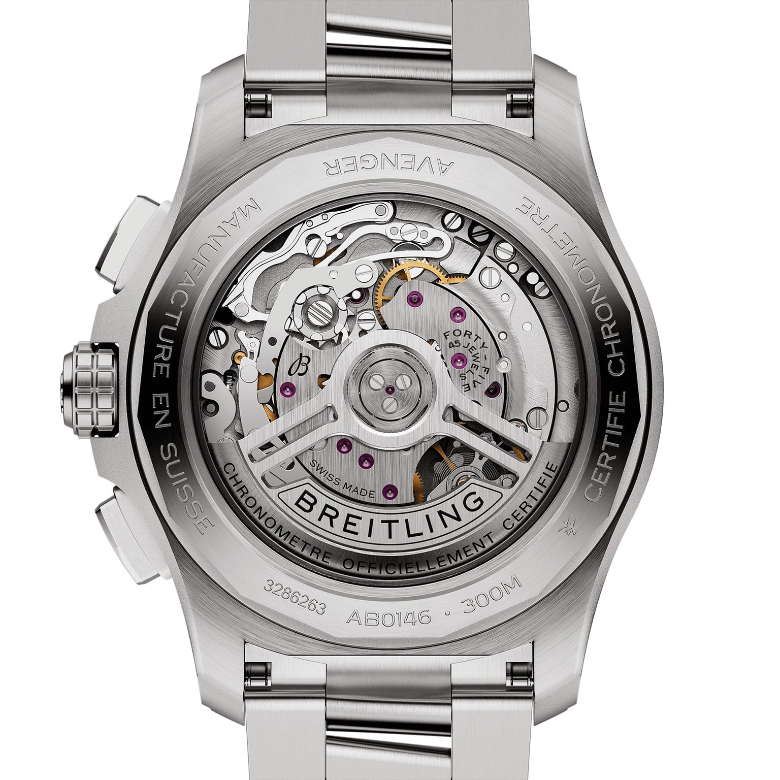 Close-up of the back of the Breitling Avenger B01 Chronograph 42, highlighting its detailed automatic movement and engraved stainless steel case, complemented by a rugged military leather strap for authentic aviation style.