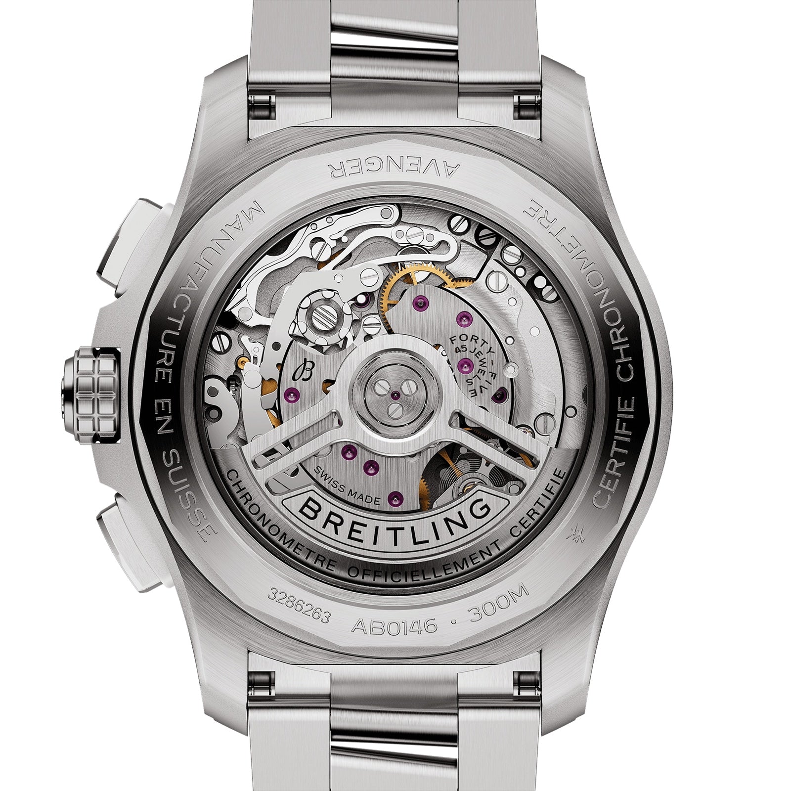 Close-up of the back of the Breitling Avenger B01 Chronograph 42, highlighting its detailed automatic movement and engraved stainless steel case, complemented by a rugged military leather strap for authentic aviation style.