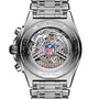 Close-up of the Breitling Chronomat B01 42 NFL Pittsburgh Steelers Edition watch back, featuring the NFL logo, exposed gears, and engraved text on its metal bracelet.