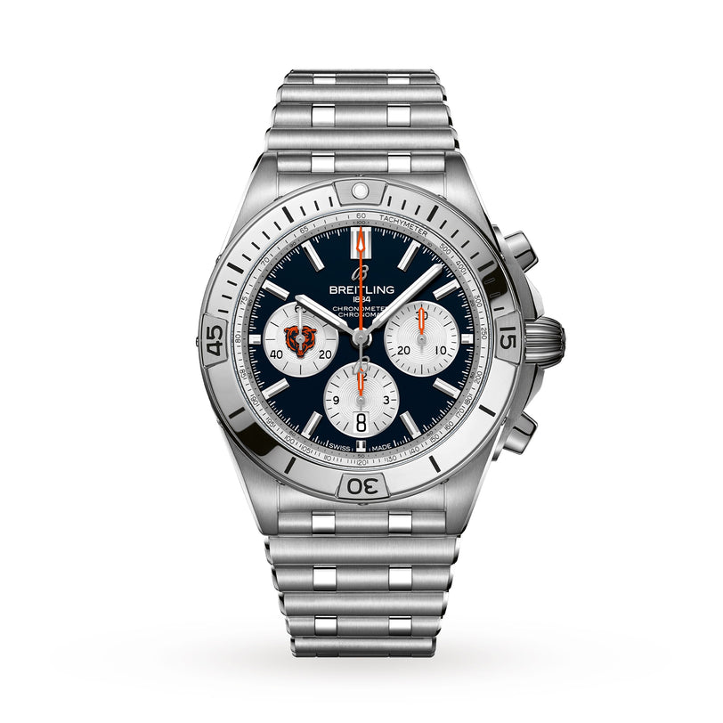 Breitling Chronomat B01 42 NFL Chicago Bears Edition with a black dial, three subdials, and a steel link bracelet.
