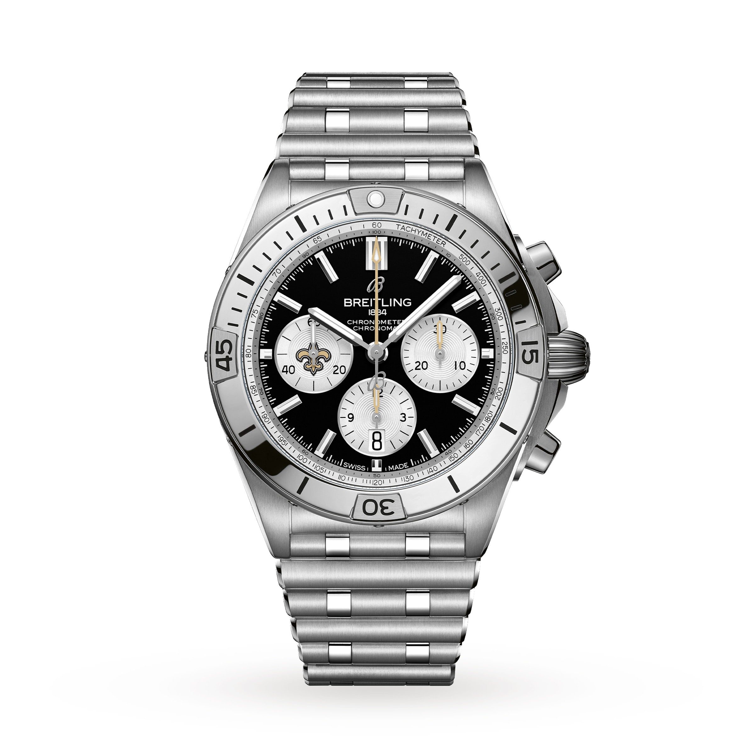 A Breitling Chronomat B01 42 NFL New Orleans Saints Edition chronograph wristwatch with a black and white dial and metal link bracelet.