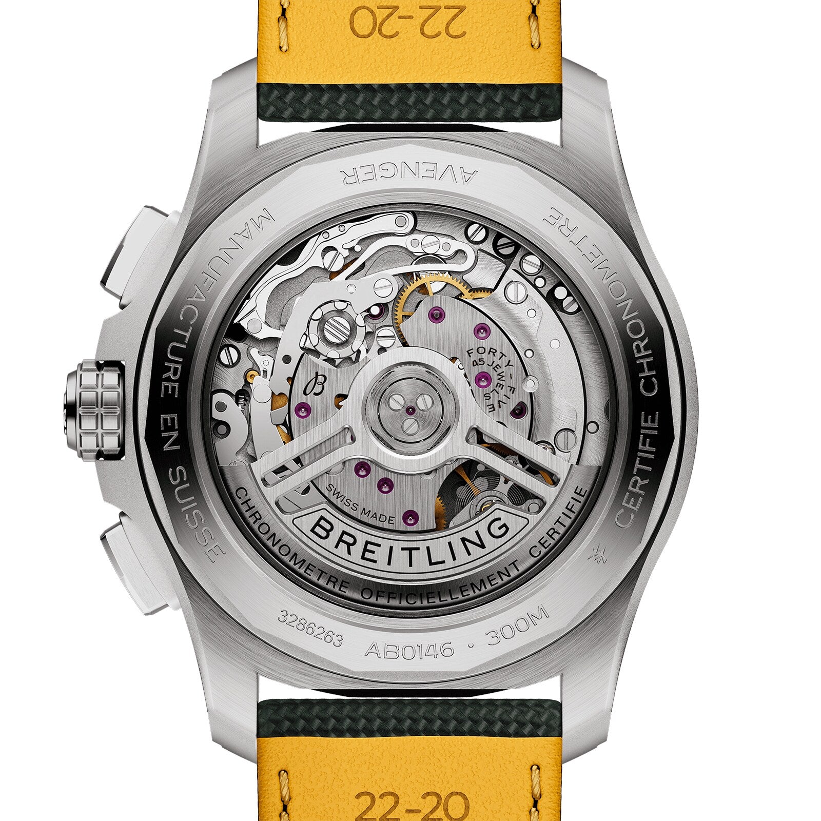 Close-up of the back of the Breitling Avenger B01 Chronograph 42, featuring its visible automatic movement and engraved titanium case back, finished with a bold yellow strap.