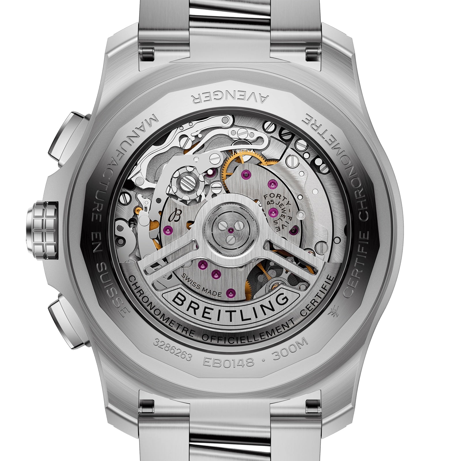 Close-up of the transparent case back on the Breitling Super Avenger B01 Chronograph 46, showcasing its mechanical movement and aviation-inspired details, with engraved model info on the titanium-accented rim.