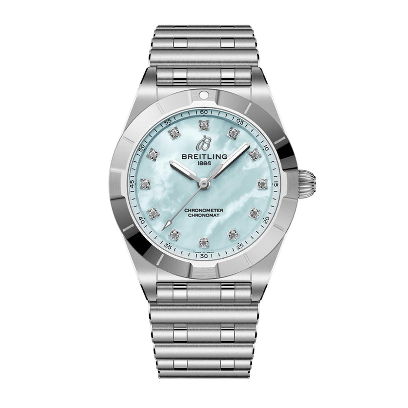 The Breitling Chronomat 28 wristwatch features stainless steel, a blue mother-of-pearl dial with lab-grown diamond hour markers, and a metal link bracelet, displayed on a white background.