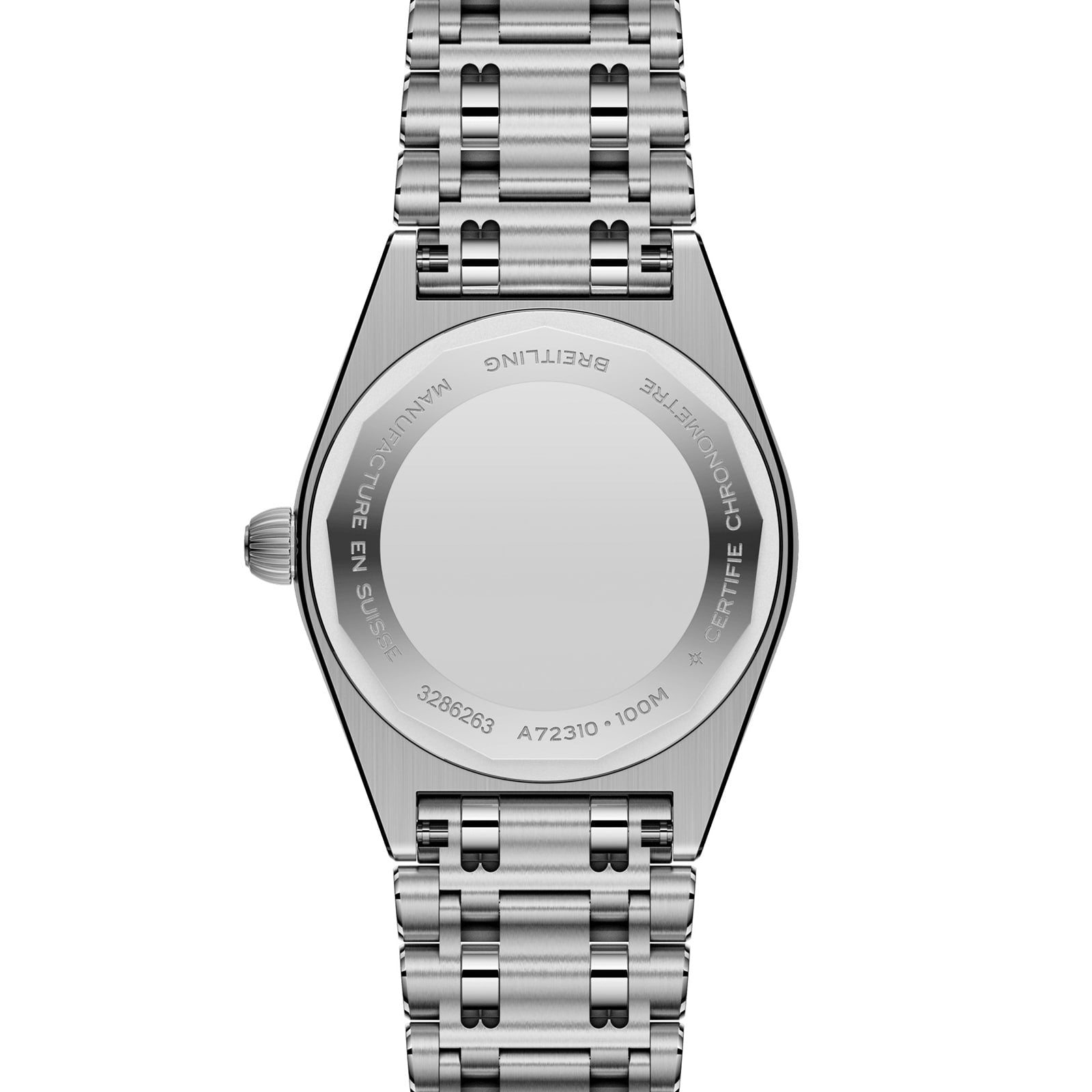 The Breitling Chronomat 28 showcases a stainless steel case back with engraving and a metal link bracelet, reflecting its SuperQuartz chronometer precision.