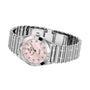The Breitling Chronomat 28 wristwatch, featuring a silver case, pink mother-of-pearl dial with lab-grown diamond hour markers, and a metal link bracelet, is shown against a white background.