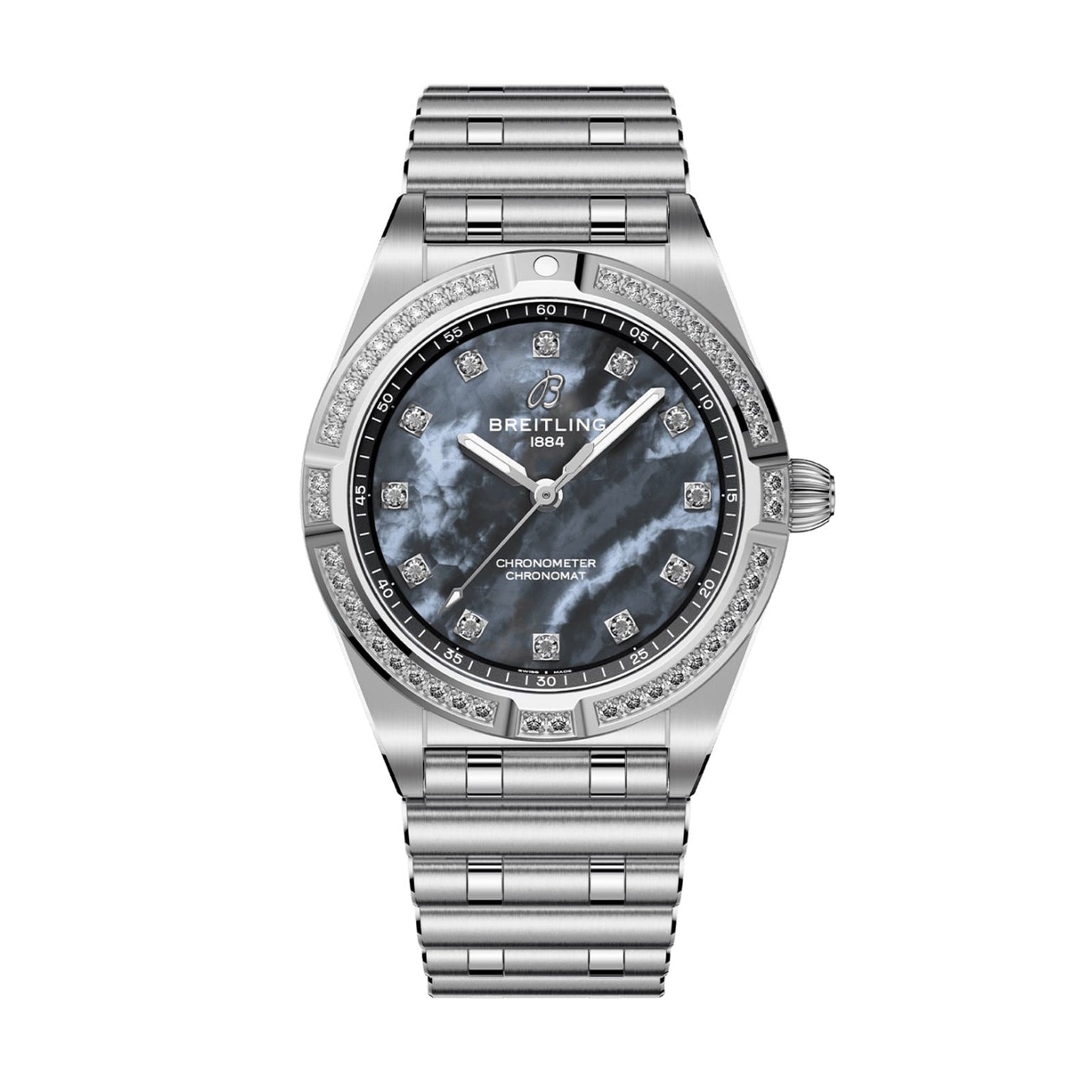 The Breitling Chronomat 28 features a silver metal band, diamond-studded bezel, and black mother-of-pearl dial with lab-grown diamond hour markers.