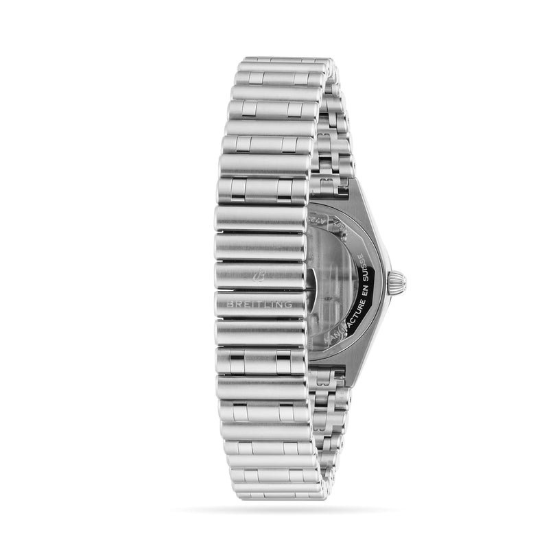 Side view of the Breitling Chronomat 28, a silver metal wristwatch with a linked bracelet and visible case back, shown upright on a plain white background. Features precision SuperQuartz™ chronometer movement for unmatched accuracy.