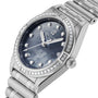 The Breitling Chronomat 28 is a stainless steel wristwatch featuring a black mother-of-pearl dial, SuperQuartz™ chronometer precision, diamond hour markers, and a bezel with lab-grown diamonds.