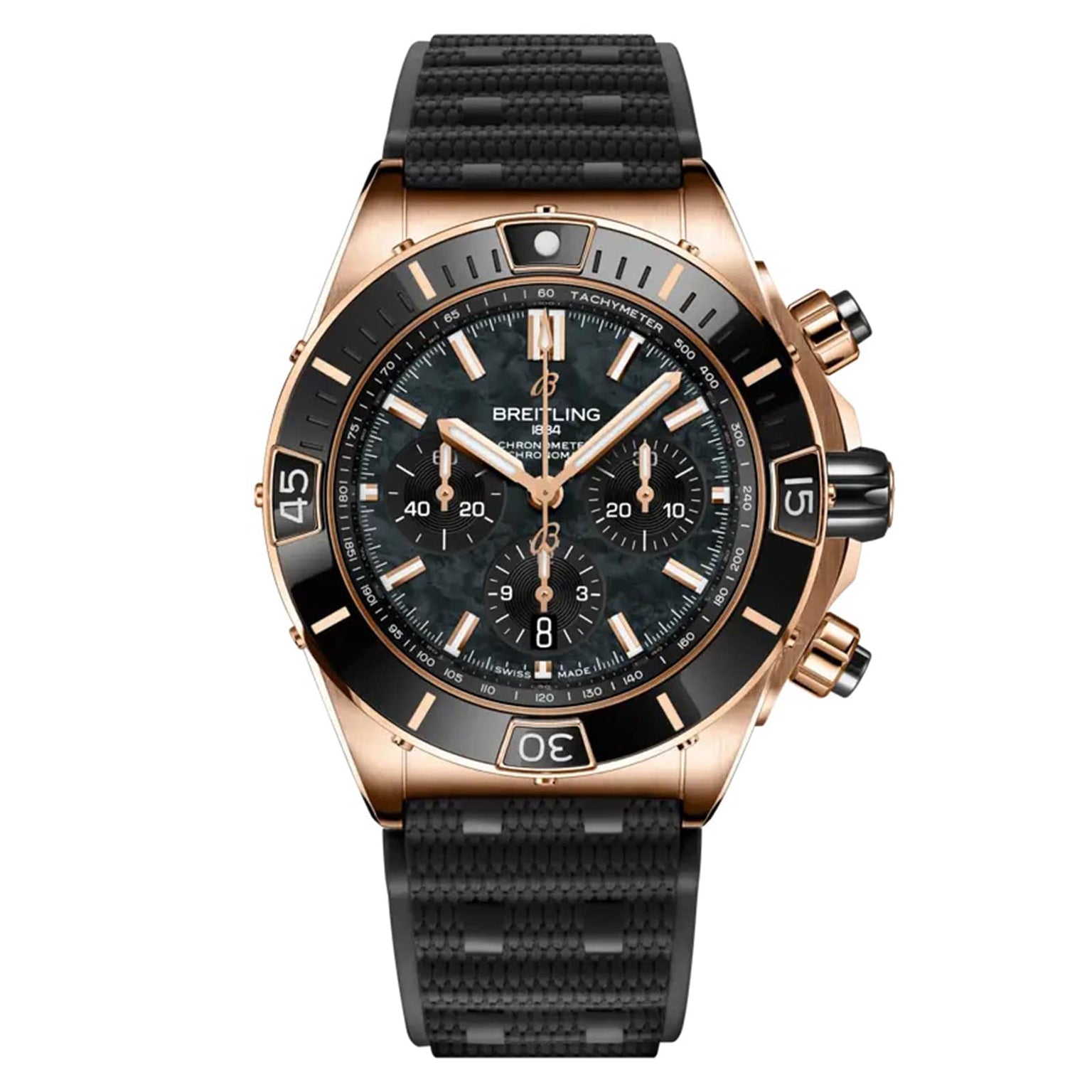 The Breitling Super Chronomat B01 44 features a black dial with gold markers, three subdials, and a black textured rubber strap—this COSC-certified chronometer blends precision with bold style.