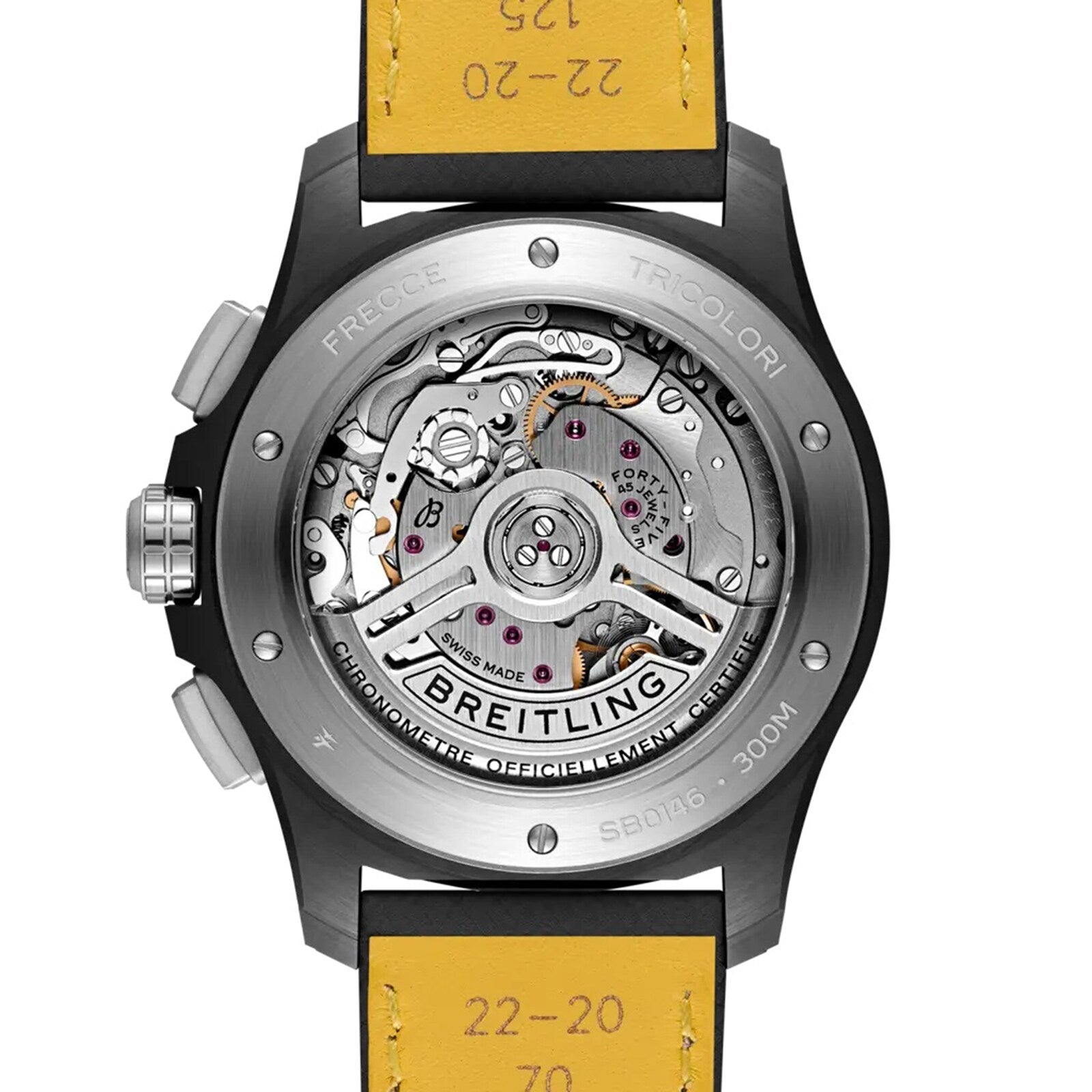 Close-up of the Breitling Avenger B01 Chronograph 42’s back, revealing its mechanical movement marked “Swiss Made” and “Chronomètre Officiellement Certifié,” with a yellow leather strap—honoring the Frecce Tricolori’s resilience.