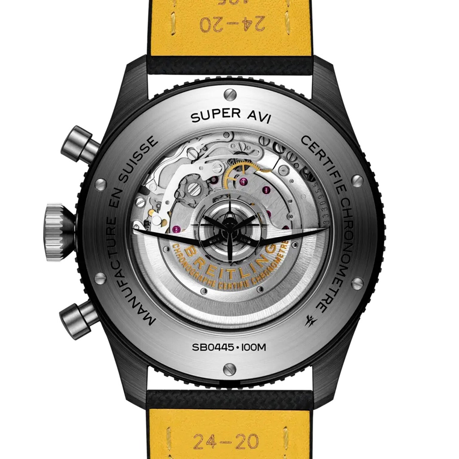Back view of the Breitling Super AVI B04 Chronograph GMT 46 Tribute To Vought F4U, showing its exposed mechanical movement and yellow leather strap.