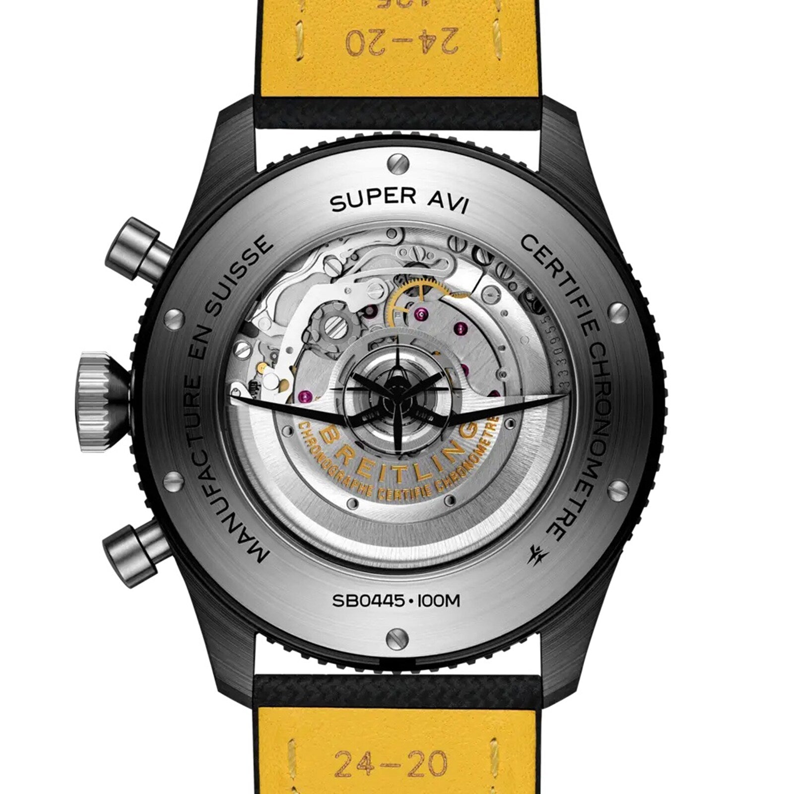 Back view of the Breitling Super AVI B04 Chronograph GMT 46 Tribute To Vought F4U, showing its exposed mechanical movement and yellow leather strap.