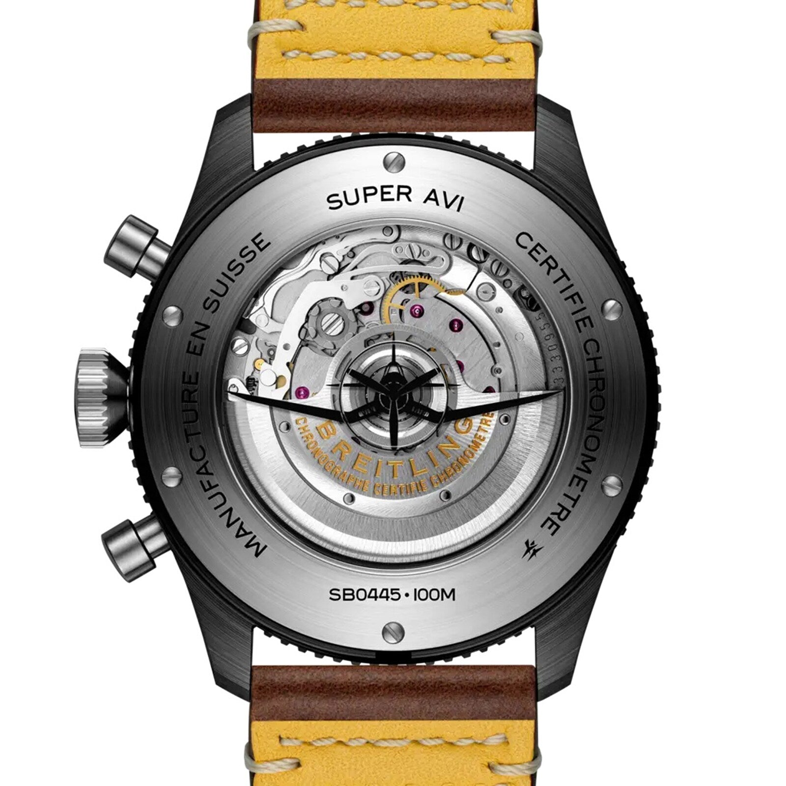 Close-up of the back of the Breitling Super AVI B04 Chronograph GMT 46 Tribute To Vought F4U, revealing its mechanical movement and aviation-themed engravings, paired with a yellow leather strap.