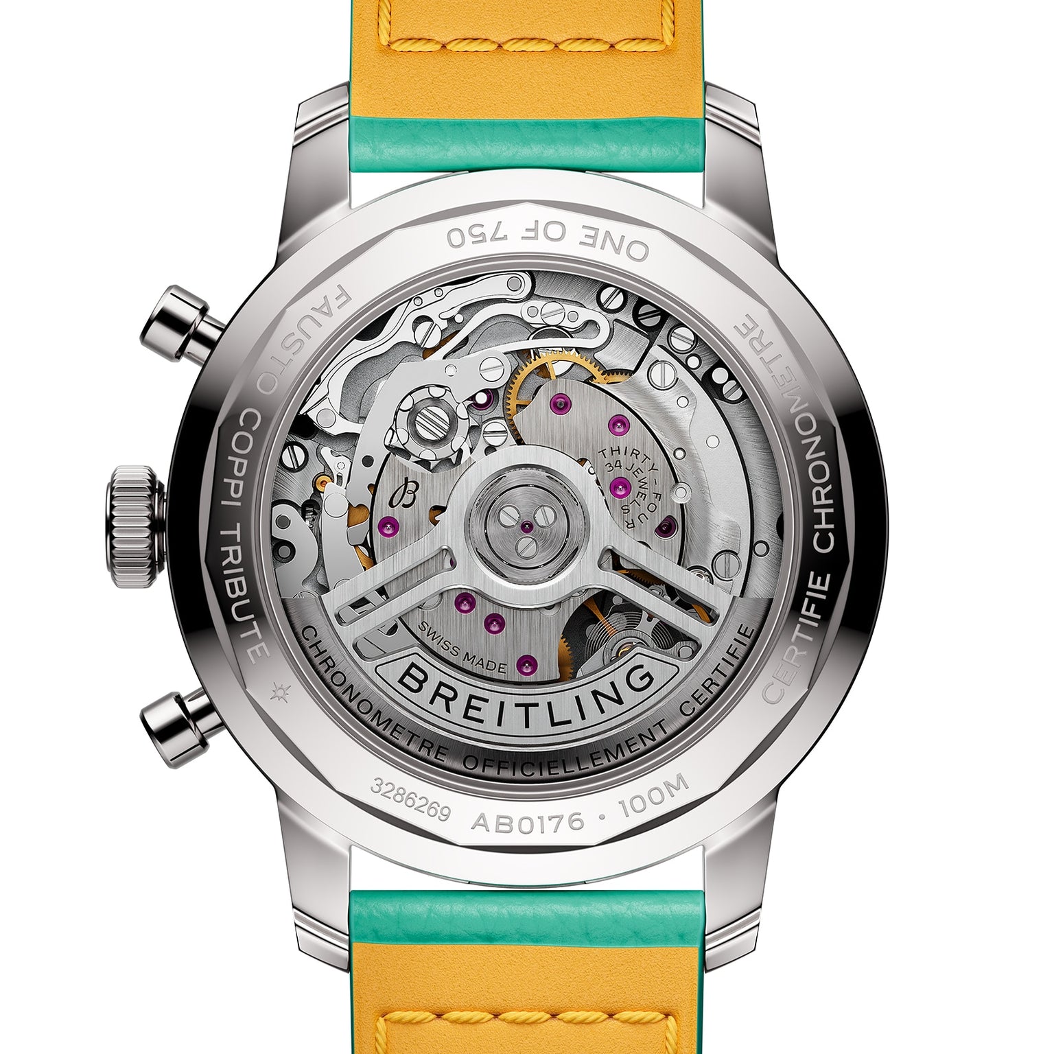 Close-up of the transparent caseback on the Breitling Top Time B01 Fausto Coppi, revealing its intricate mechanical movement and detailed engravings on the case and rotor.