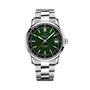 The Breitling Top Time B31, a stainless steel wristwatch with retro style, features a green dial, silver hour markers, date at 3 o’clock, and a metal link bracelet, shown against a white background.