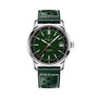 The Breitling Top Time B31 features a green dial, date window at 3 oclock, silver case, and green leather strap with white stitching—ideal for fans of retro style.