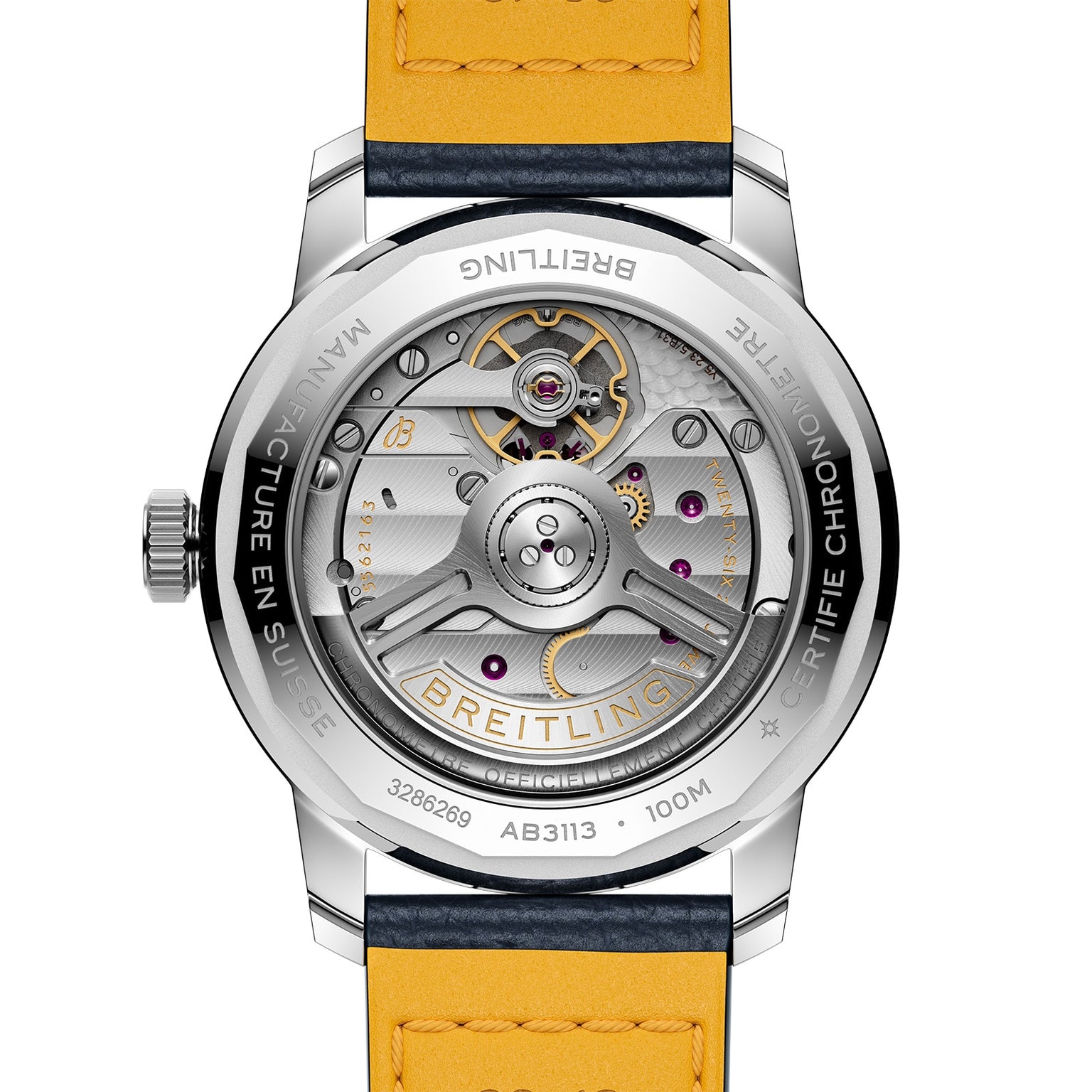 Back view of the Breitling Top Time B31 watch revealing its exposed Manufacture B31 movement, engraved caseback details, and retro-inspired yellow leather strap.