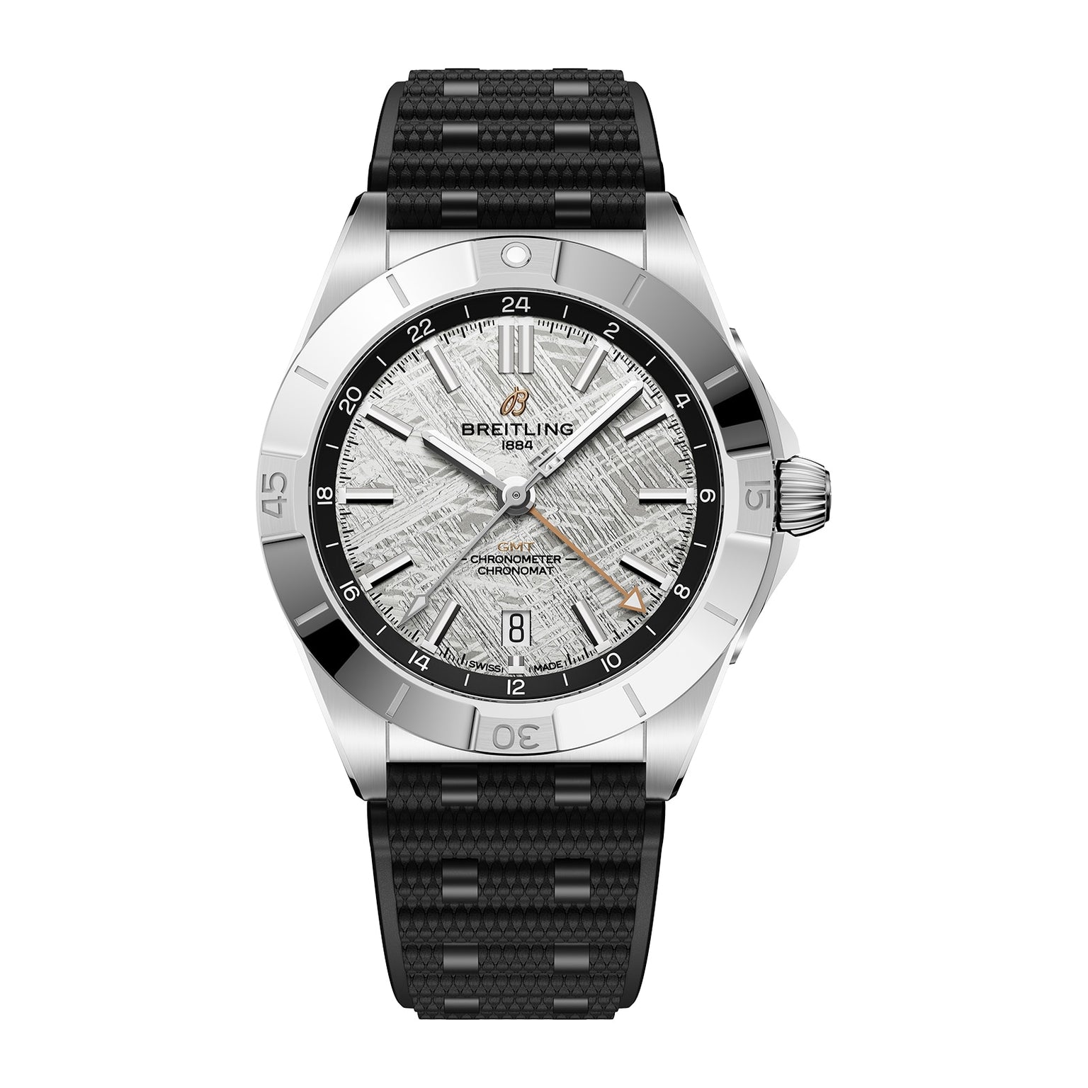 Breitling Chronomat Automatic GMT Erling Haaland watch with a textured silver dial, black bezel, and black textured strap.