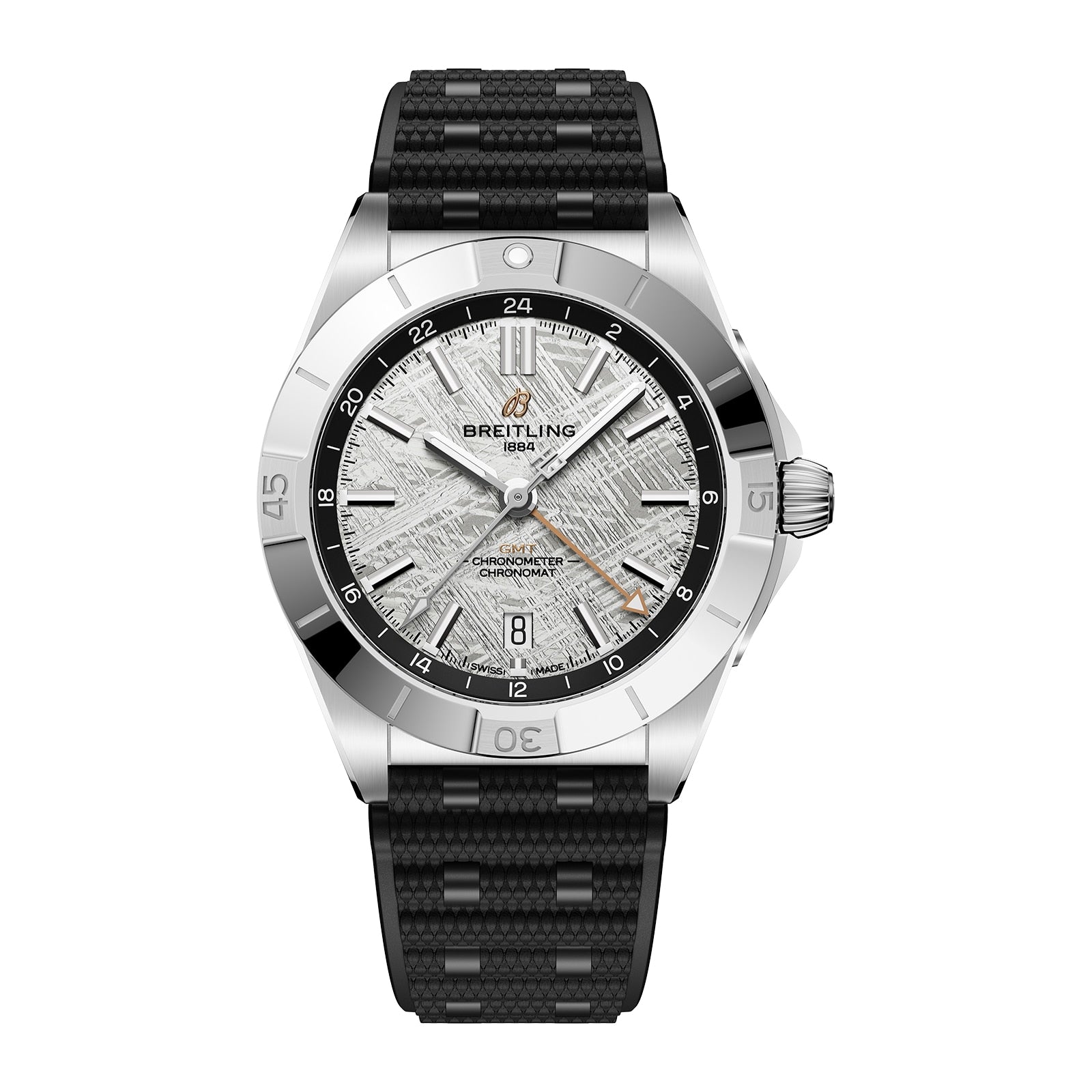 Breitling Chronomat Automatic GMT Erling Haaland watch with a textured silver dial, black bezel, and black textured strap.