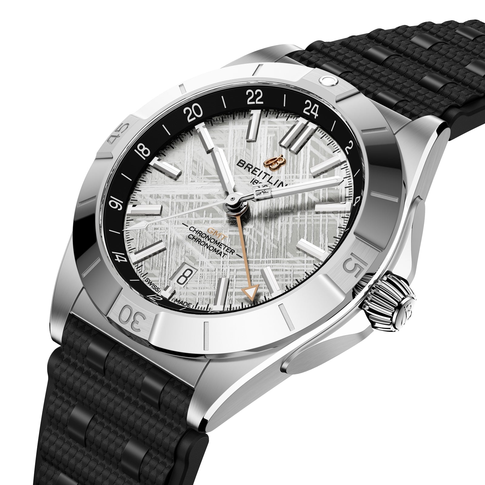 The Breitling Chronomat Automatic GMT Erling Haaland features a silver case, black textured strap, and a patterned white dial showing the time.