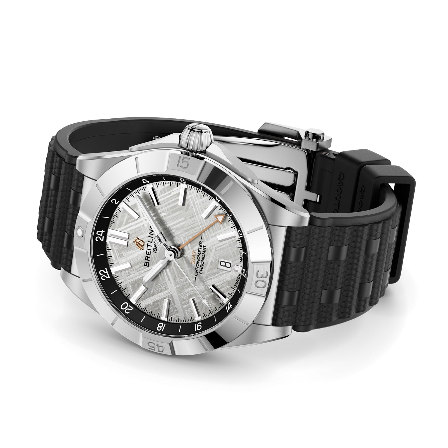The Breitling Chronomat Automatic GMT Erling Haaland, featuring a silver case, black rubber strap, and textured dial, rests on its side.