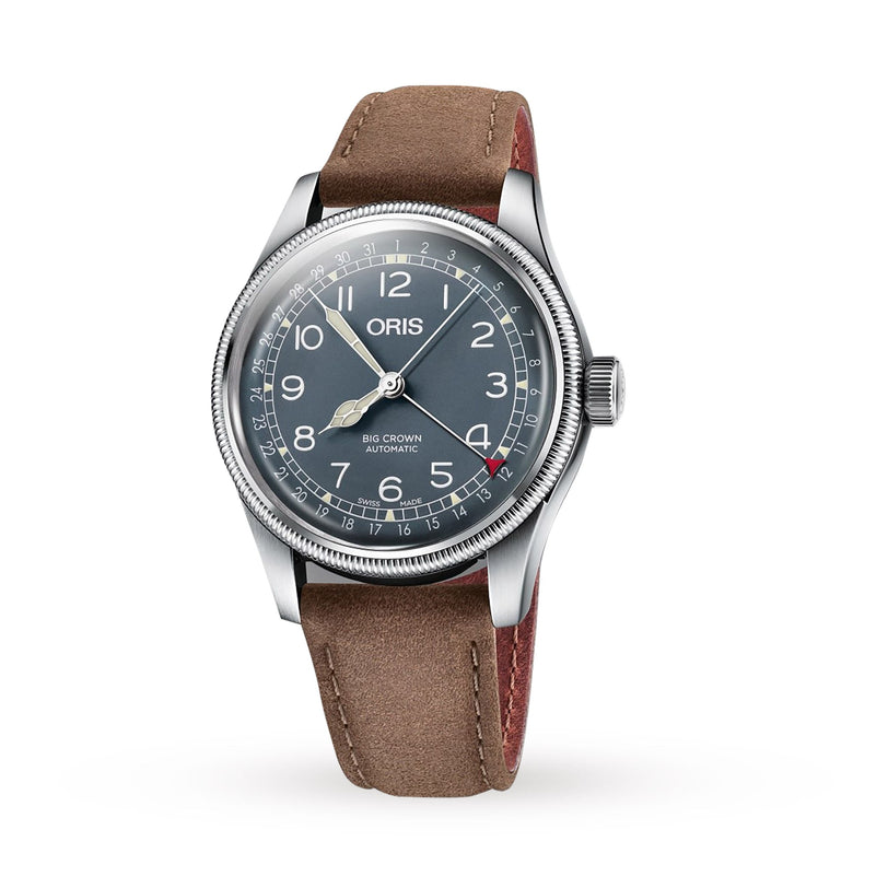 The Oris Big Crown Pointer Date features a black dial with white numerals, brown leather strap, fluted bezel, and sapphire glass—ideal for aviation watch enthusiasts.