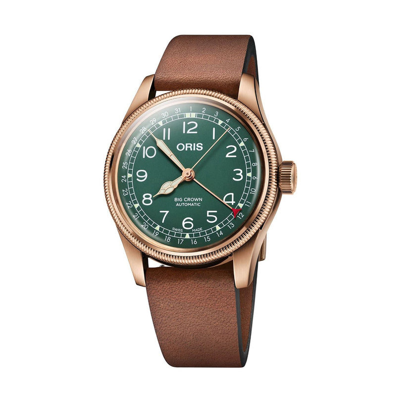 The Oris Big Crown Pointer Date 80th Anniversary Edition features a bronze case, green dial, white numerals, and a brown leather strap.