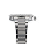 Side view of the Oris Aquis Date Relief wristwatch in silver metal, featuring a ridged bezel and link bracelet against a white background.