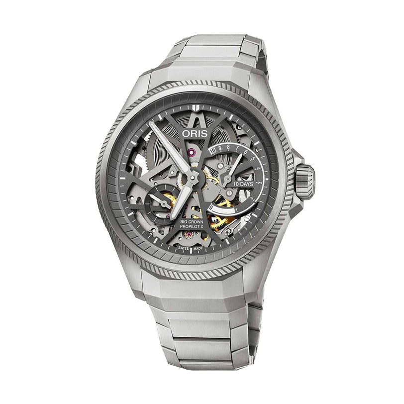 The Oris ProPilot X Calibre 115 is a Swiss Made mechanical watch featuring the visible Calibre 115 movement, stainless steel band, and round case.