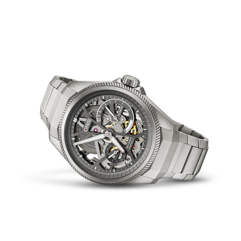 The Oris ProPilot X Calibre 115 is a Swiss Made silver skeleton mechanical watch with a metal bracelet, exposed gears, detailed dial and bezel, and is powered by the impressive Calibre 115 movement.
