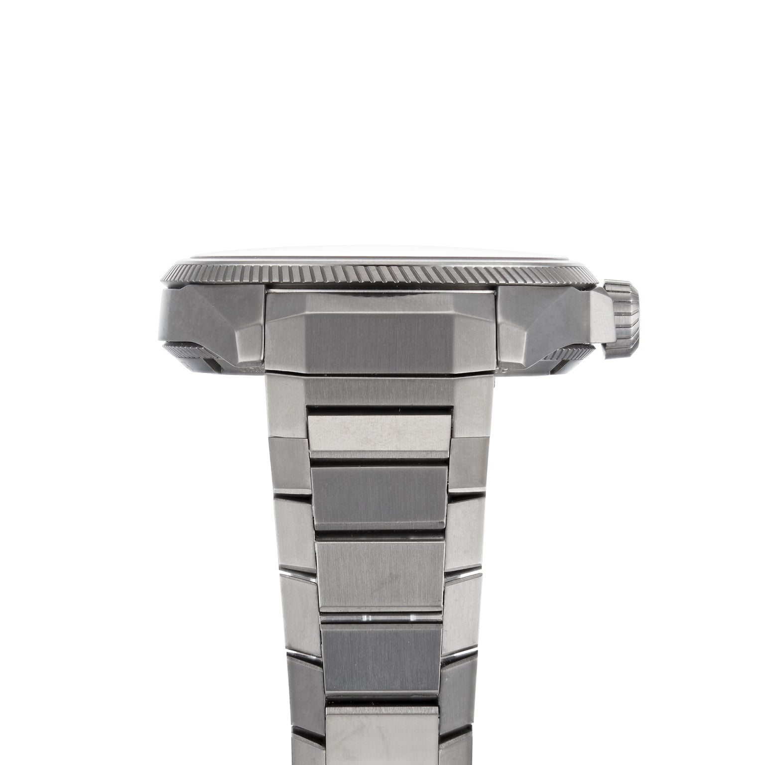 Side view of the Oris ProPilot X Calibre 115 Swiss Made mechanical watch, showcasing its stainless steel case, bezel, crown, and metal bracelet against a white background.