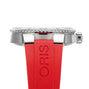Side view of the Oris Aquis Date Relief watch, featuring a red rubber strap with Oris branding and a ridged bezel, displayed against a white background.