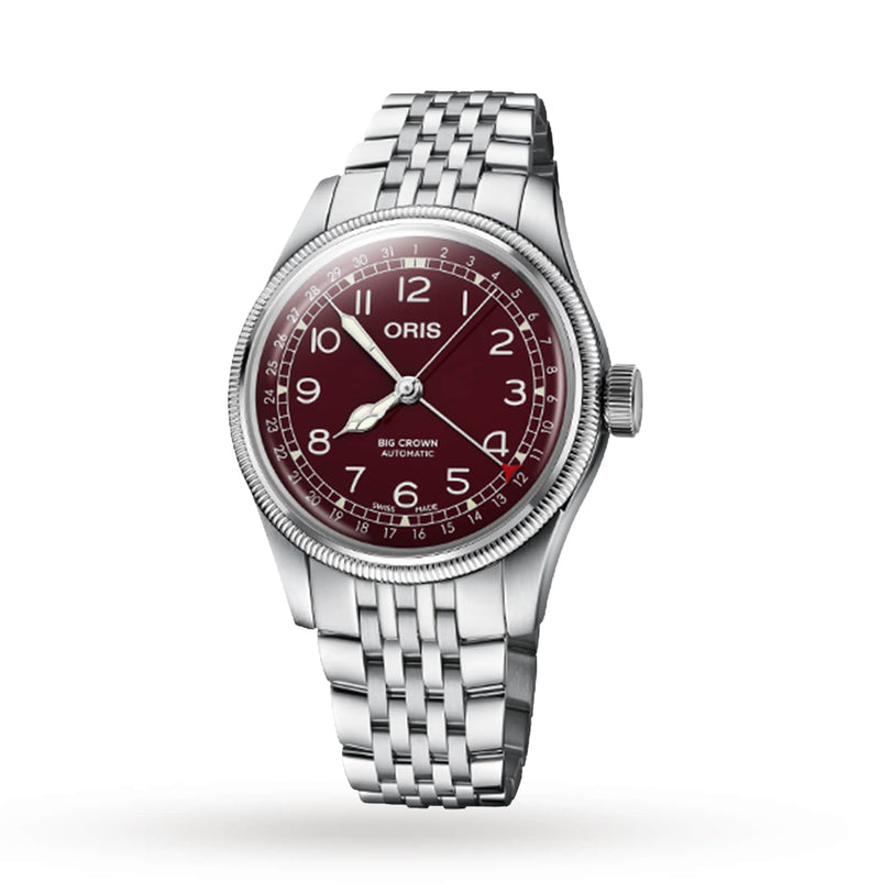 The Oris Big Crown Pointer Date is a stainless steel wristwatch with a burgundy dial, white numerals, linked metal bracelet, and durable sapphire glass. Inspired by classic aviation watches, it features Oris branding and Big Crown Automatic text.