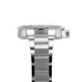 Side view of the Oris Aquis Date Relief wristwatch in silver metal, featuring a ridged bezel and polished bracelet, displayed against a white background.