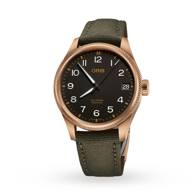 The Oris Big Crown ProPilot Big Date showcases a bronze case, black dial with white numerals, date at 3 o’clock, olive green textile strap, and Swiss Made mechanical movement for lasting precision and style.