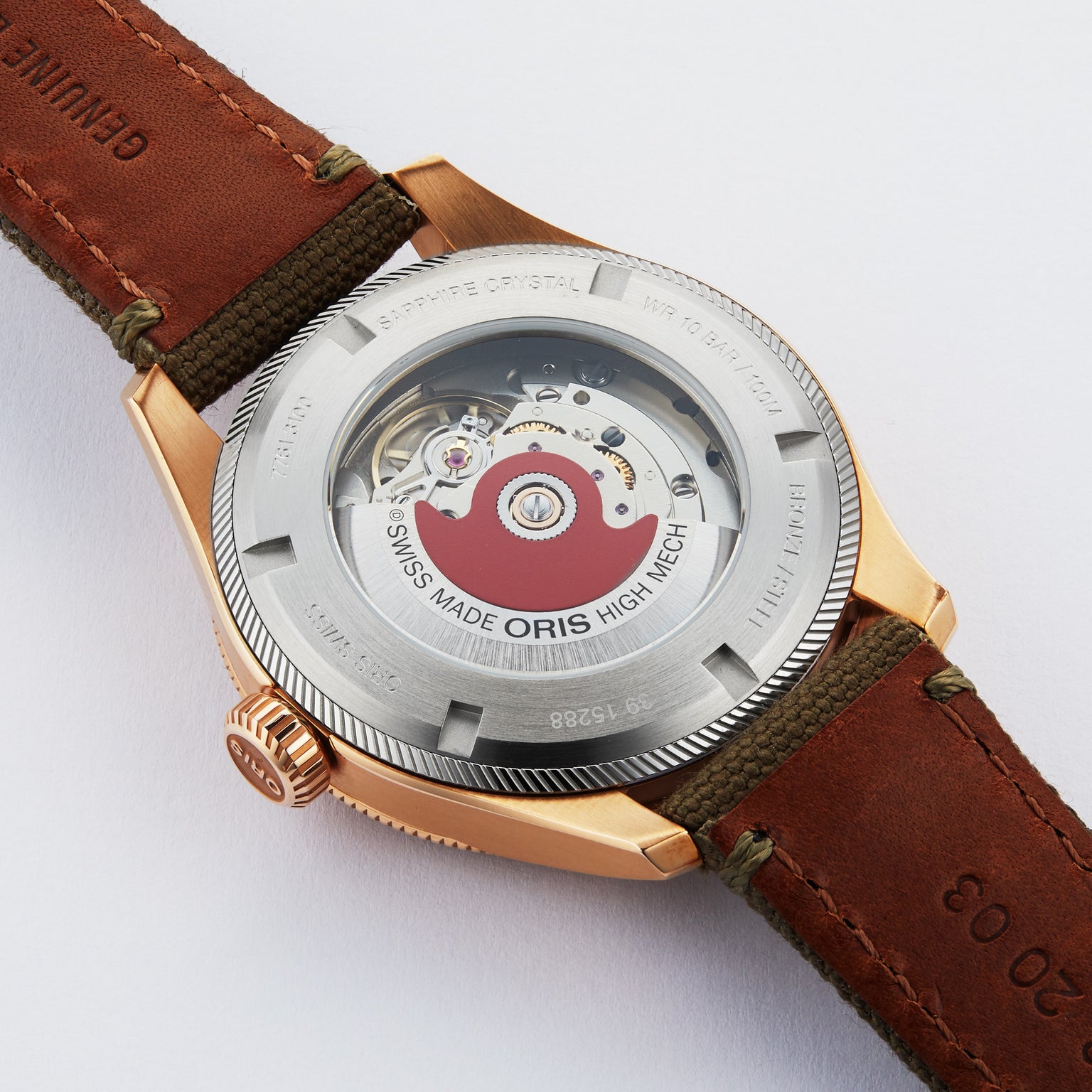 Back view of the Oris Big Crown ProPilot Big Date watch displaying its exposed mechanical movement and brown leather strap.
