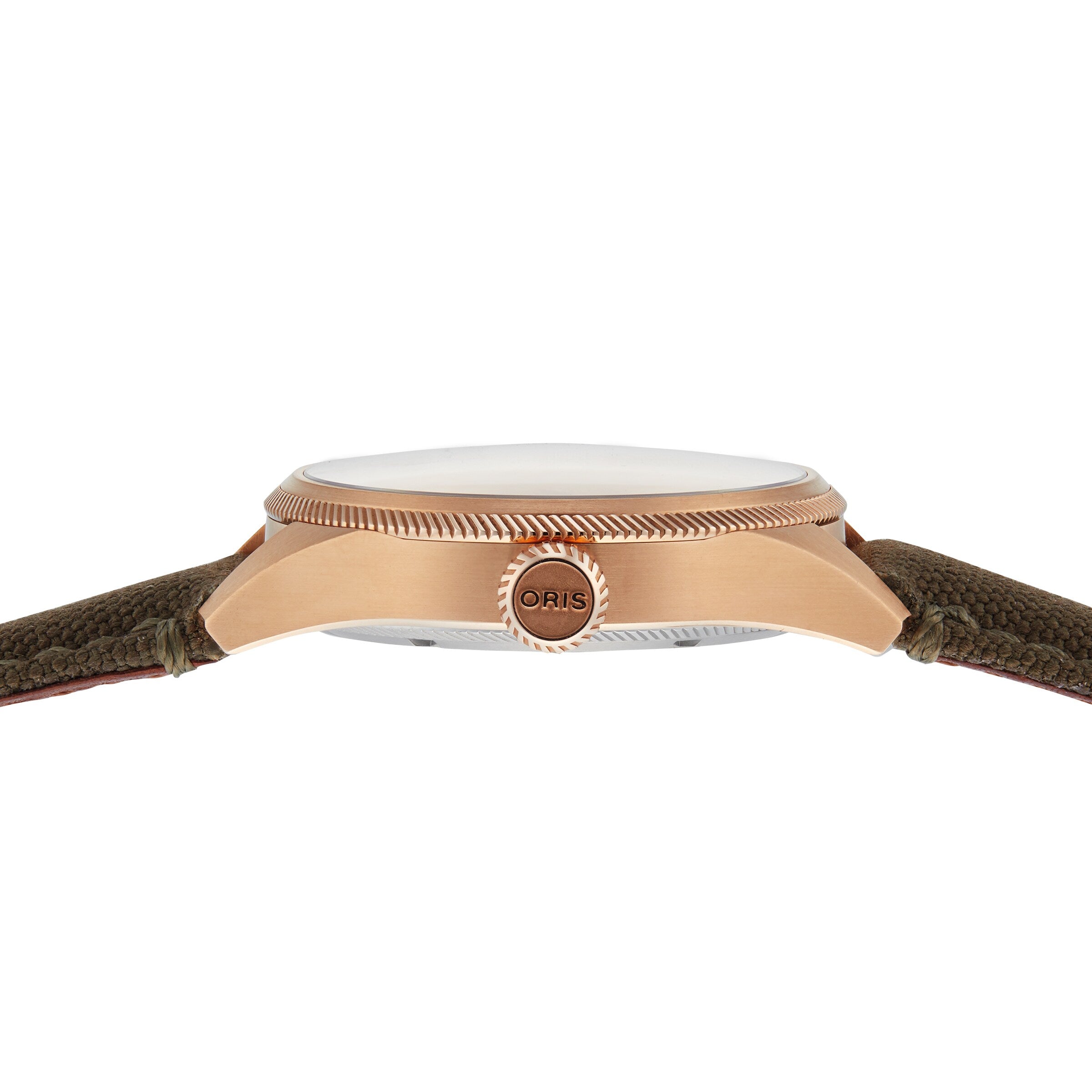 Side view of the Oris Big Crown ProPilot Big Date, showcasing its bronze case, green fabric strap, and an engraved crown. Powered by Swiss Made mechanical movement for exceptional precision.