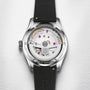 Back view of the Oris Big Crown Pointer Date Calibre 403, featuring a transparent sapphire crystal case back that reveals its mechanical movement with visible gears and engravings.
