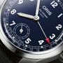 Close-up of the Oris Big Crown Pointer Date Calibre 403 with a blue dial, luminous hands, Arabic numerals, date ring, and a red-tipped pointer indicating 10.