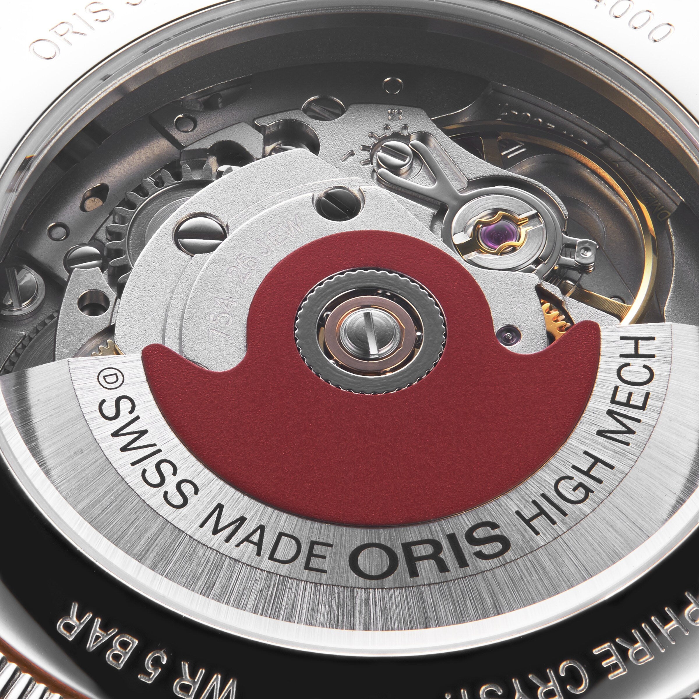 Close-up of the back of the Oris Big Crown Oris X Cervo Volante watch, showcasing its intricate movement, exposed gears, and signature red rotor marked SWISS MADE ORIS HIGH MECH.