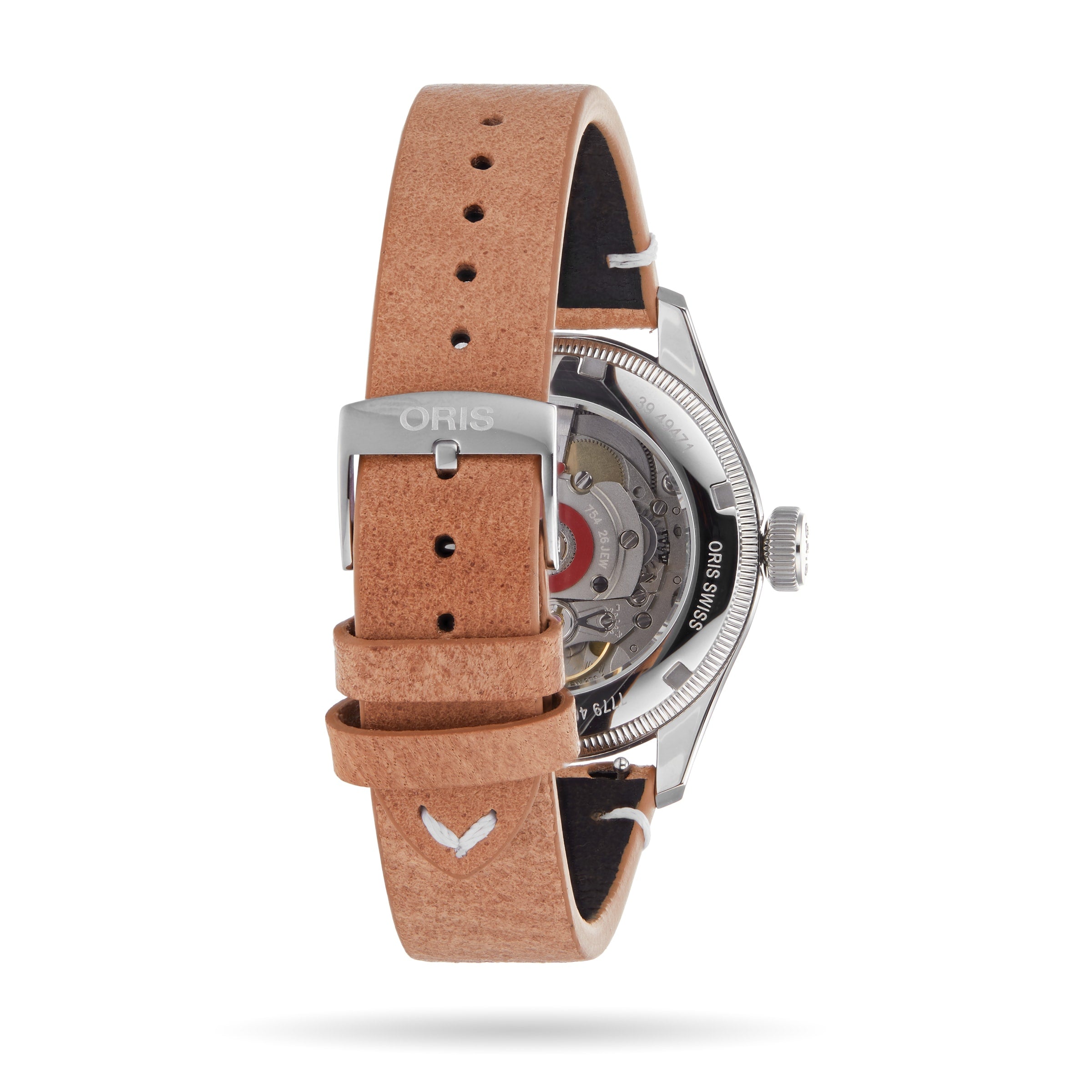 Back view of the Oris Big Crown Oris X Cervo Volante with a tan leather strap, metal buckle engraved with ORIS, and an exposed mechanical movement visible through the case.