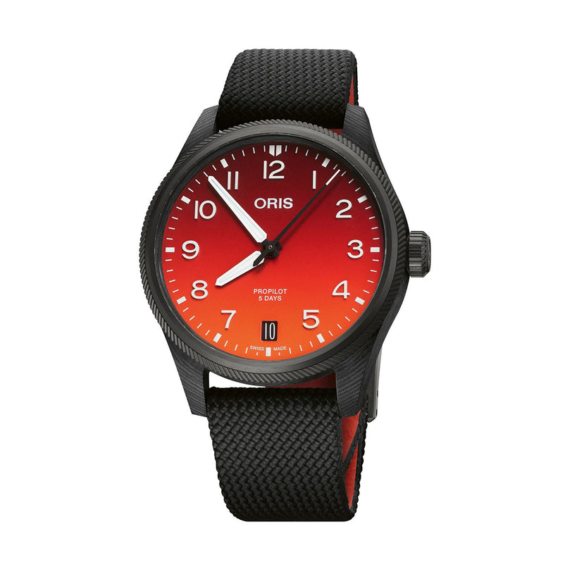 The Oris ProPilot Coulson Limited Edition features a red gradient dial with white numerals, black bezel, black textured strap, 3D printed carbon fibre case, and bold ProPilot branding on the face.