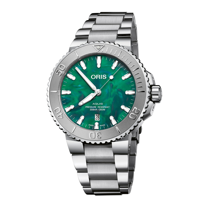 The Oris Aquis Oris X Bracenet dive watch features a green upcycled ghost net mother-of-pearl dial, silver bezel, and stainless steel link bracelet.