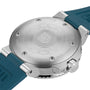 Close-up of the stainless steel case back of the Oris Aquis Small Second Date diver’s watch, featuring engraved markings, water-resistant details, and a blue rubber strap.