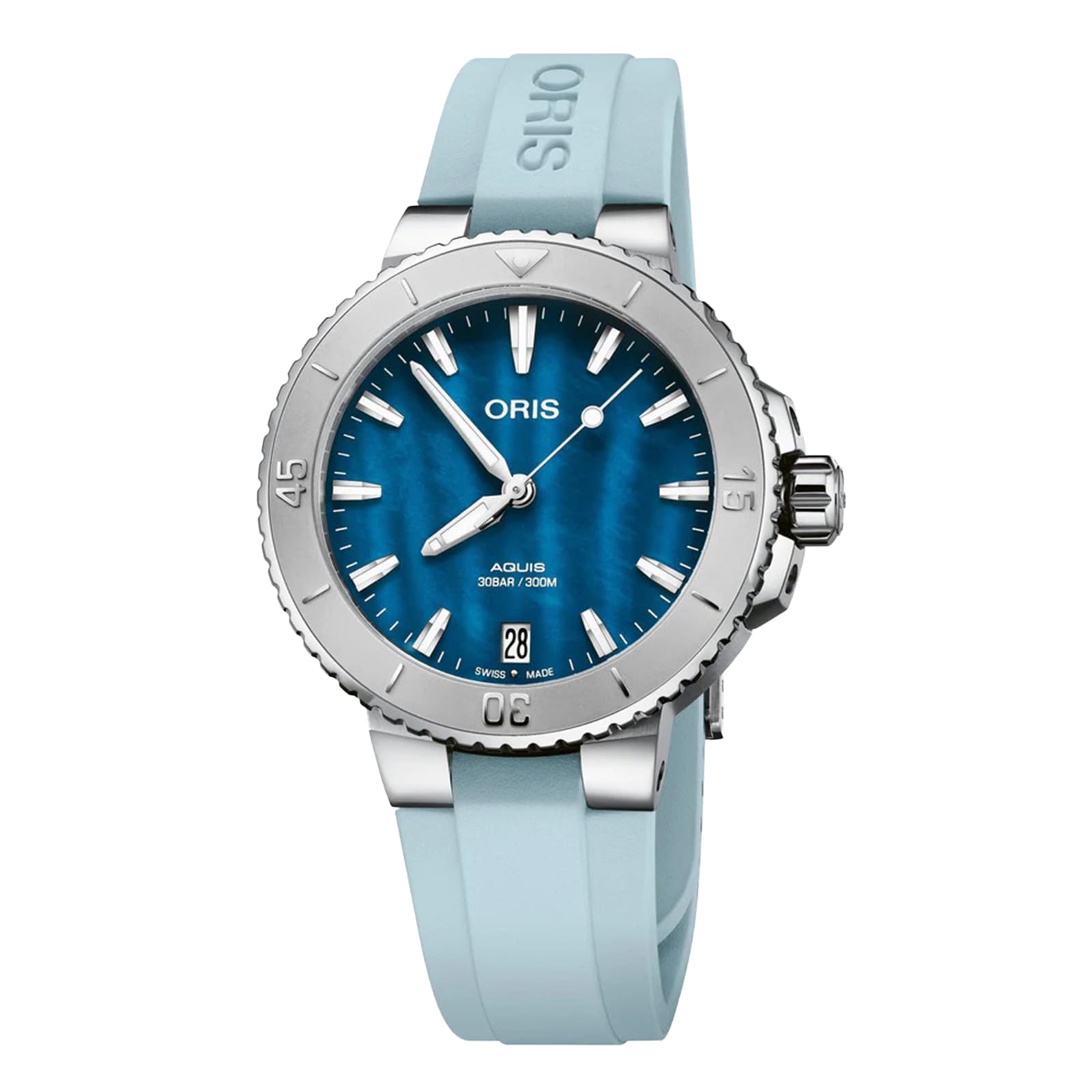 An Oris Aquis Date stainless steel diver’s watch featuring a blue dial, date display, and light blue rubber strap, shown against a white background.