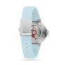 Back view of the Oris Aquis Date showing a light blue strap, silver buckle, and visible mechanical movement through its transparent case back, underlining the diver’s watch’s high-performance design.